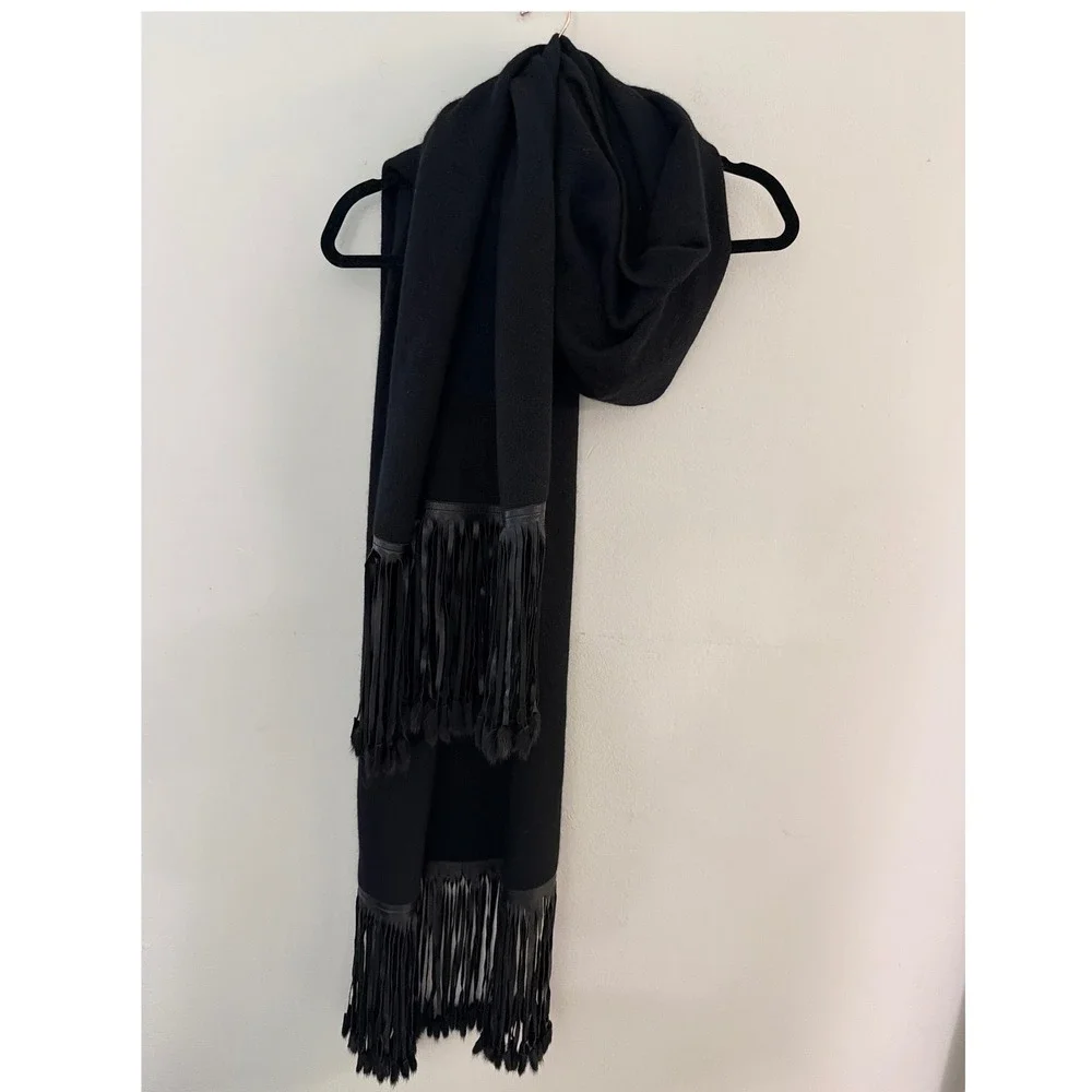 Zoe Couture Black Cashmere Wool Wrap Scarf Leather Fringe Fur Trim Oversized O/S